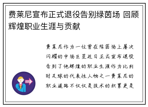 费莱尼宣布正式退役告别绿茵场 回顾辉煌职业生涯与贡献 费莱尼宣布正式退役告别绿茵场 回顾辉煌职业生涯与贡献
