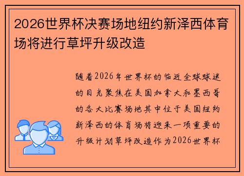 2026世界杯决赛场地纽约新泽西体育场将进行草坪升级改造